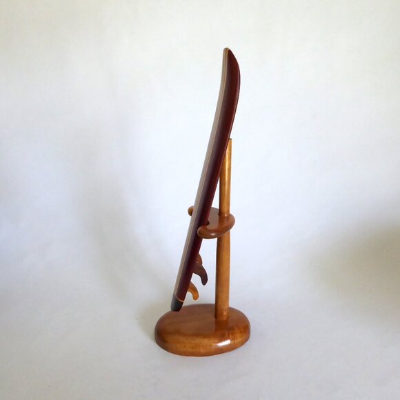 VINTAGE KOA WOOD VERTICAL STRIPE 12” MINIATURE LONGBOARD SURFBOARD DISPLAY STAND - Picture 7 of 14